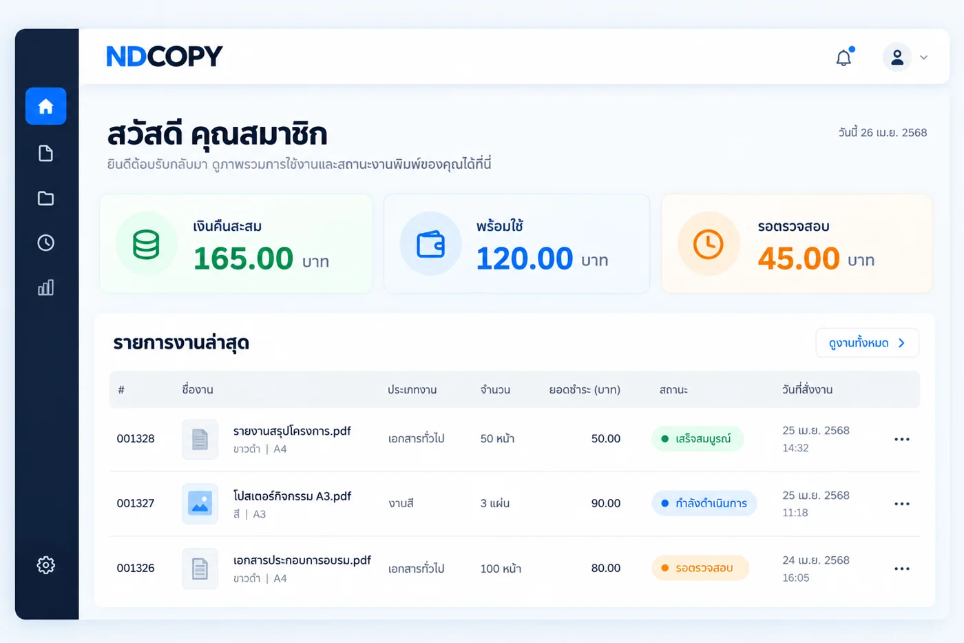 ตัวอย่าง Dashboard สมาชิก: เงินคืนสะสม พร้อมใช้ รอตรวจสอบ และสถานะรายการงานล่าสุด