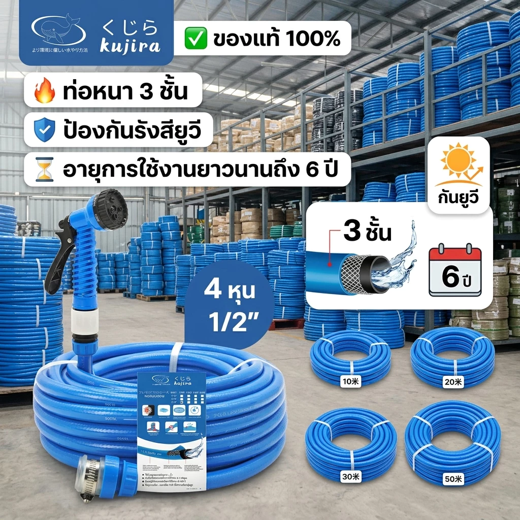 สายยาง 4 หุน（1/2"）สายยางรดน้ําต้นไม้ 10-50 เมตร นิ่ม เด้ง 6ปีไม่แข็งกรอบ เหมาะสำหรับรดน้ำดอกไม้และล้างรถ（จากโรงงานไทย）