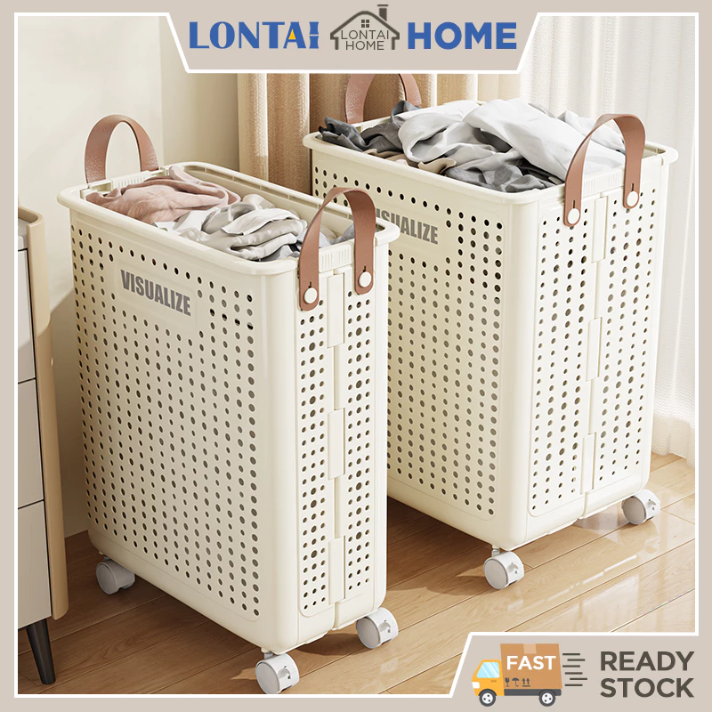 LONTAI ตะกร้าซักผ้าแบบพับได้ ที่เก็บข้อมูลอเนกประสงค์ความจุขนาดใหญ่ ตะกร้าพลาสติกพร้อมล้อ